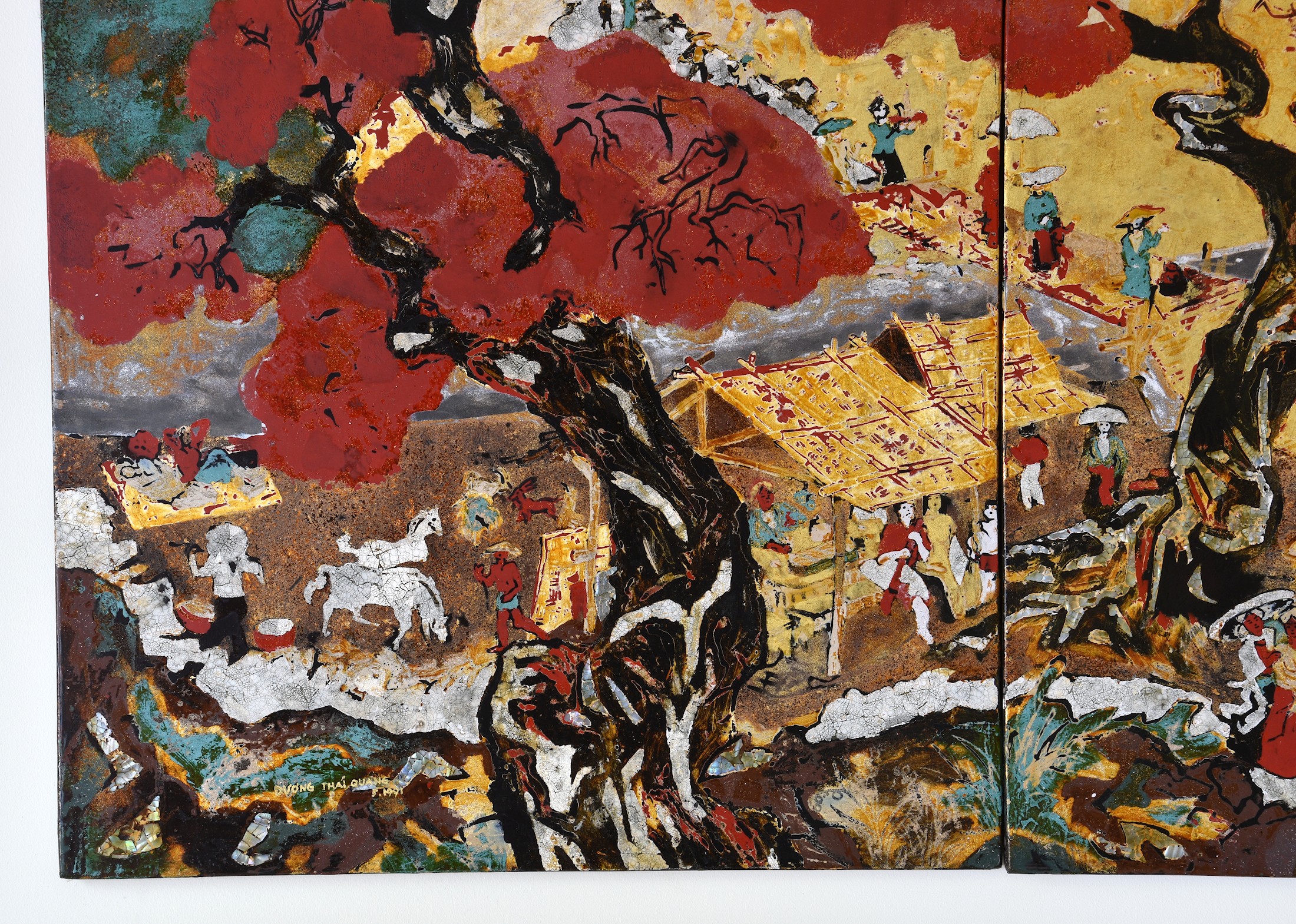 Duong Thai Quang (Vietnam, late 20th century) - three panel s'on mai lacquer painting of the Huong P