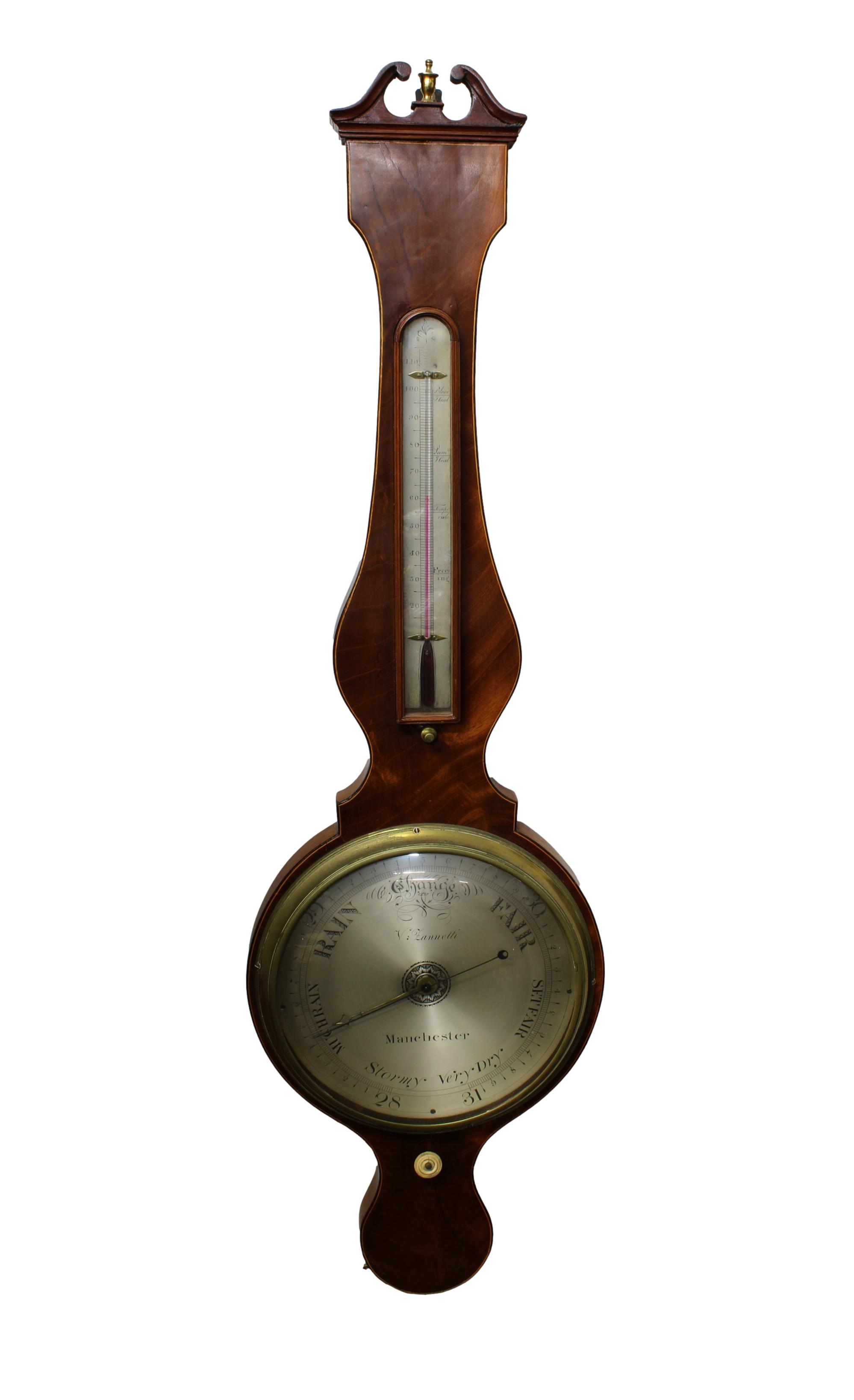 An early 19th century banjo barometer, the silvered dial signed "V. Zanetti, Manchester"