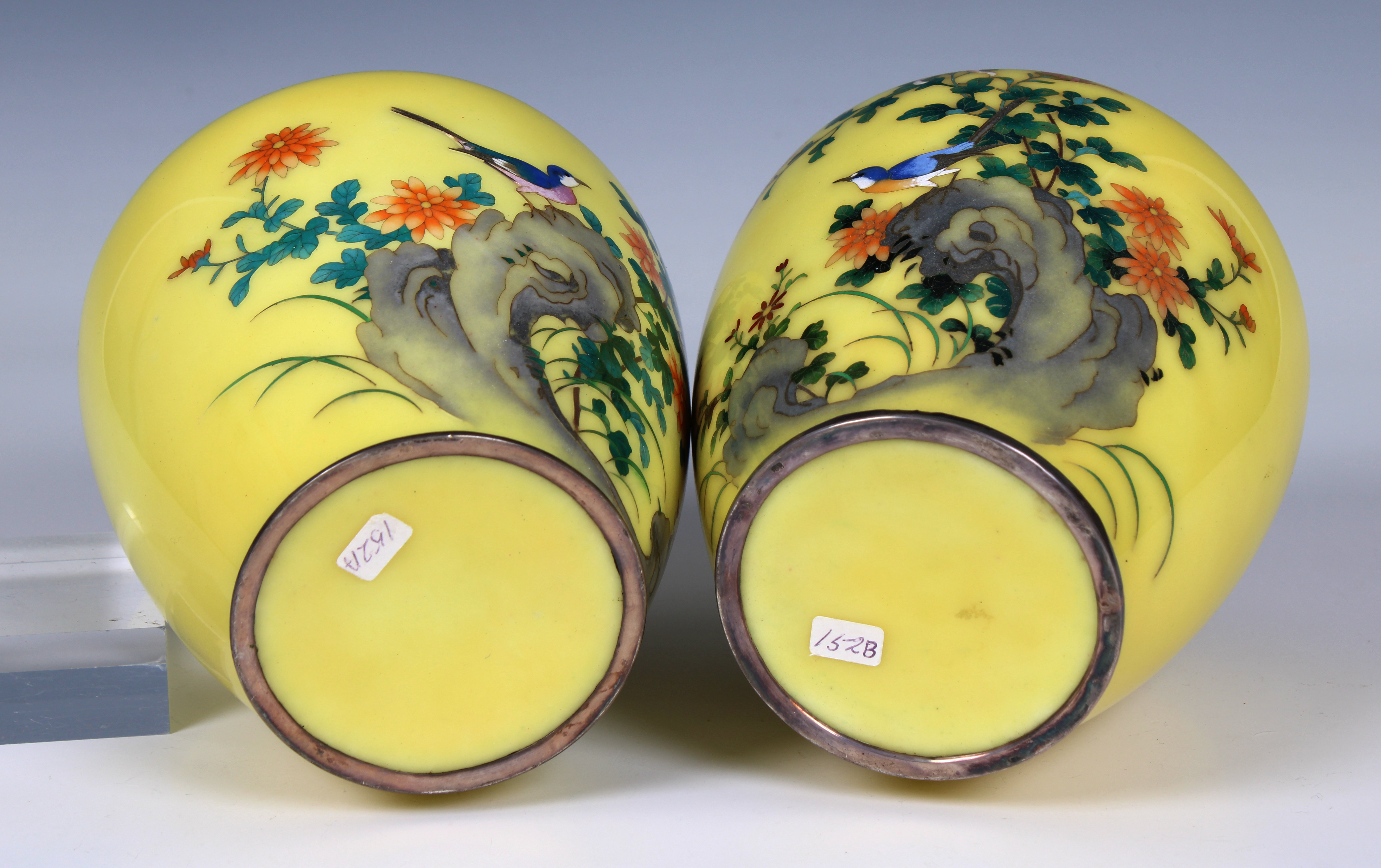 A pair of yellow ground Japanese cloisonné baluster form vases - Image 3 of 3