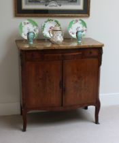 Early 20th Century French kingwood, walnut, marquetry and marble serpentine cabinet