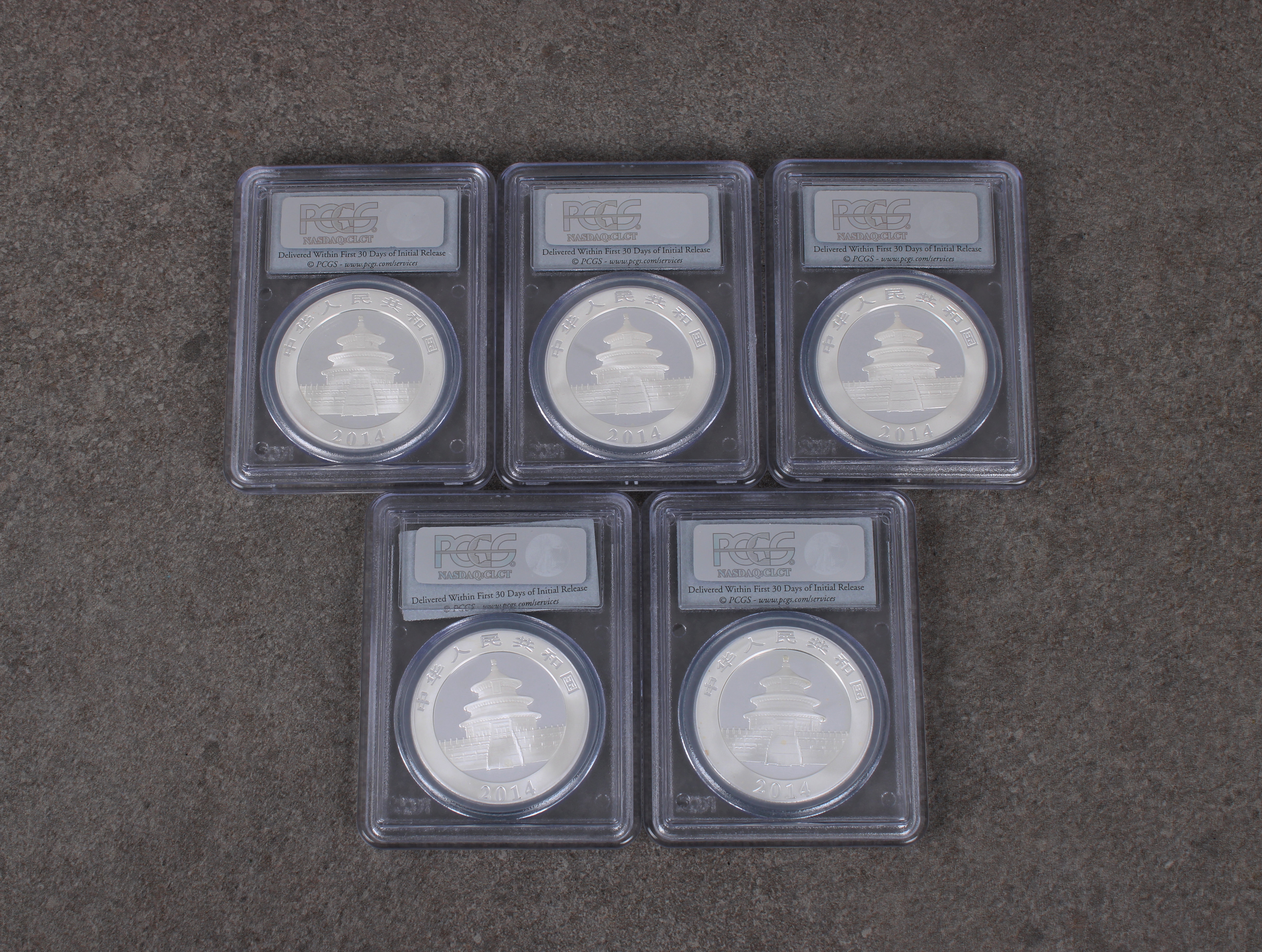 China 5 x 1oz fine silver .999 2014 Panda Ten Yuan coins PSGS graded - Image 2 of 2