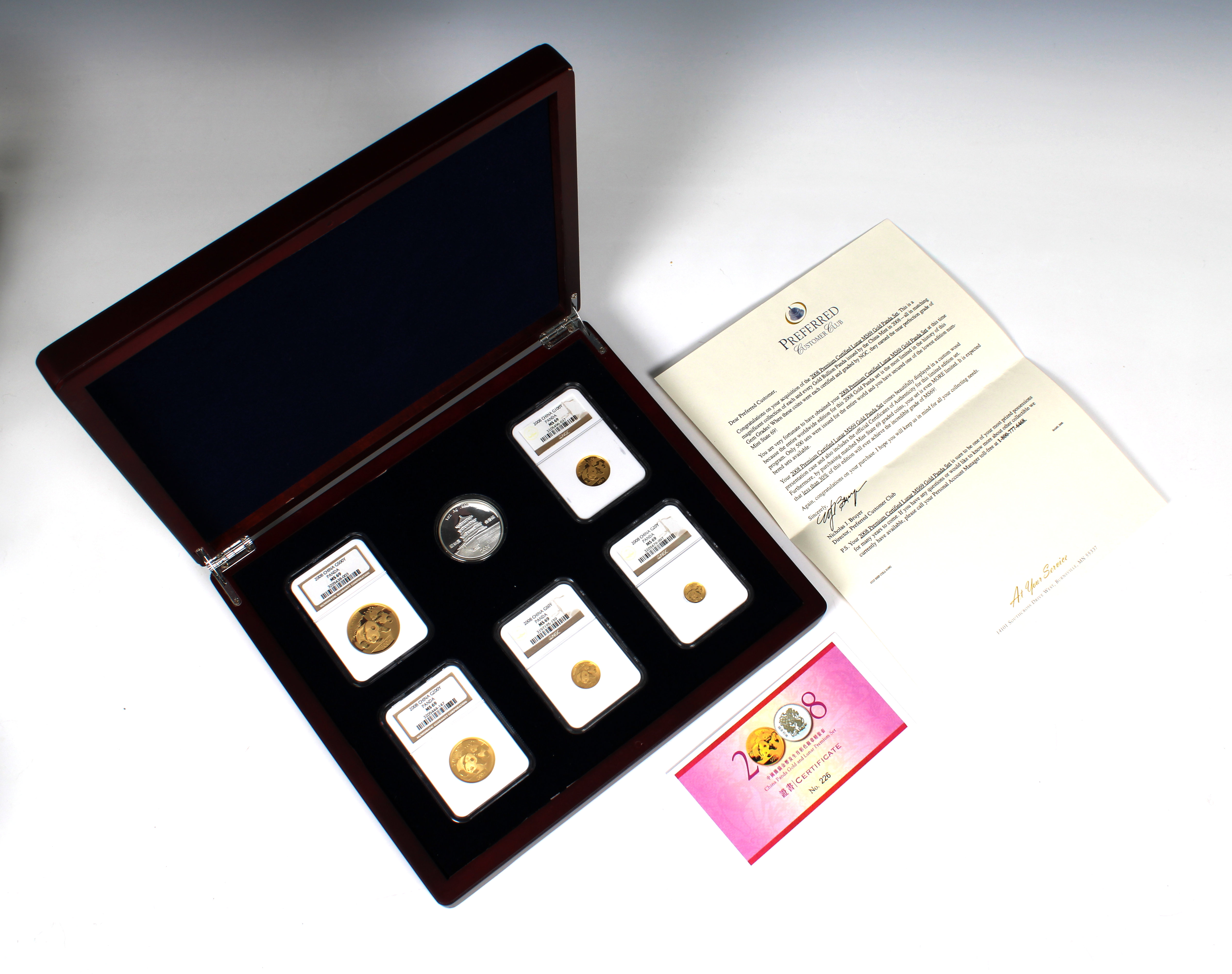 A People's Republic of China 2008 Five-piece gold premium Certified Lunar Panda Set, 20, 50, 100, 20