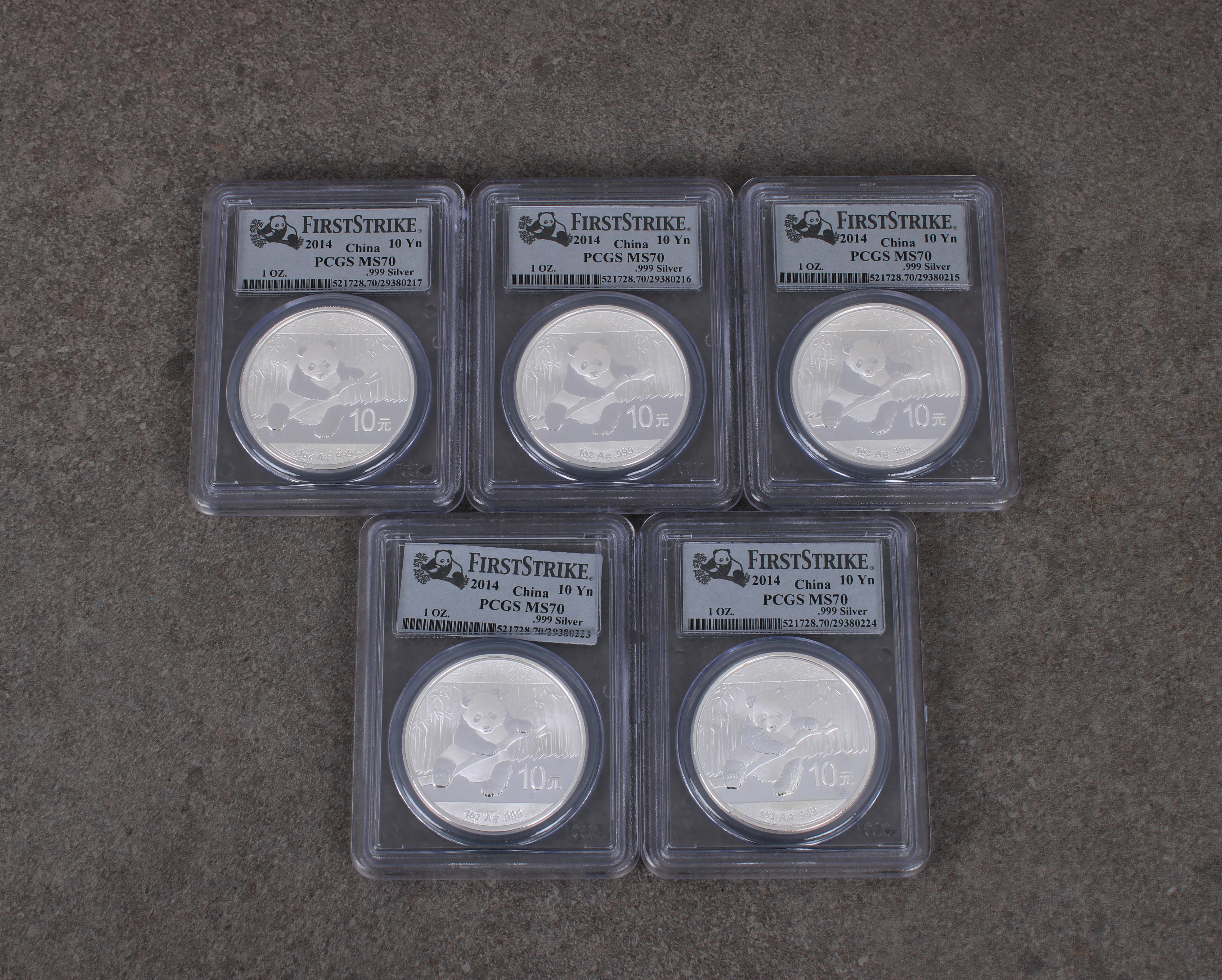 China 5 x 1oz fine silver .999 2014 Panda Ten Yuan coins PSGS graded