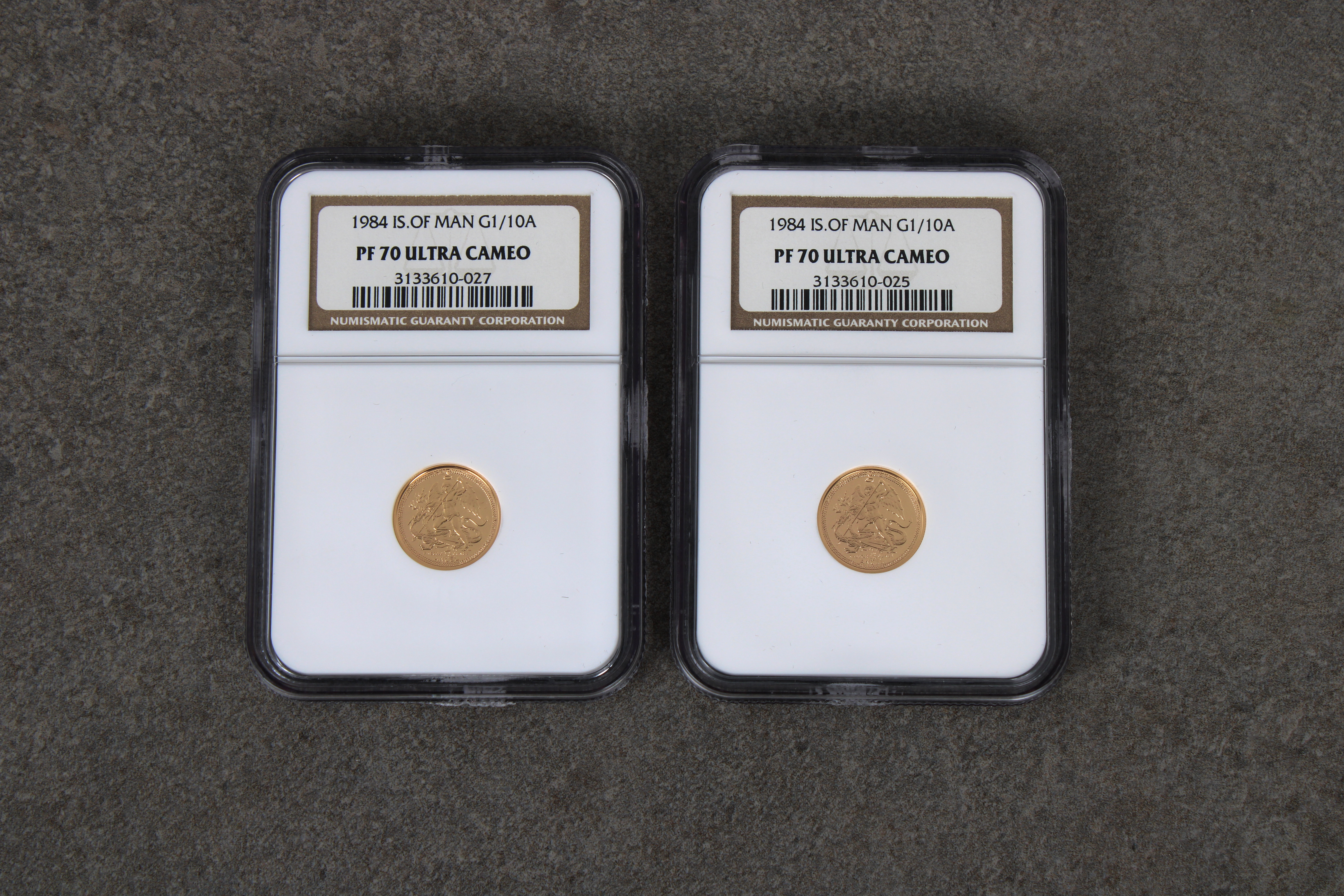 Two x 1984 Isle of Man Gold Tenth Oz (1/10) Angel coin - NGC graded