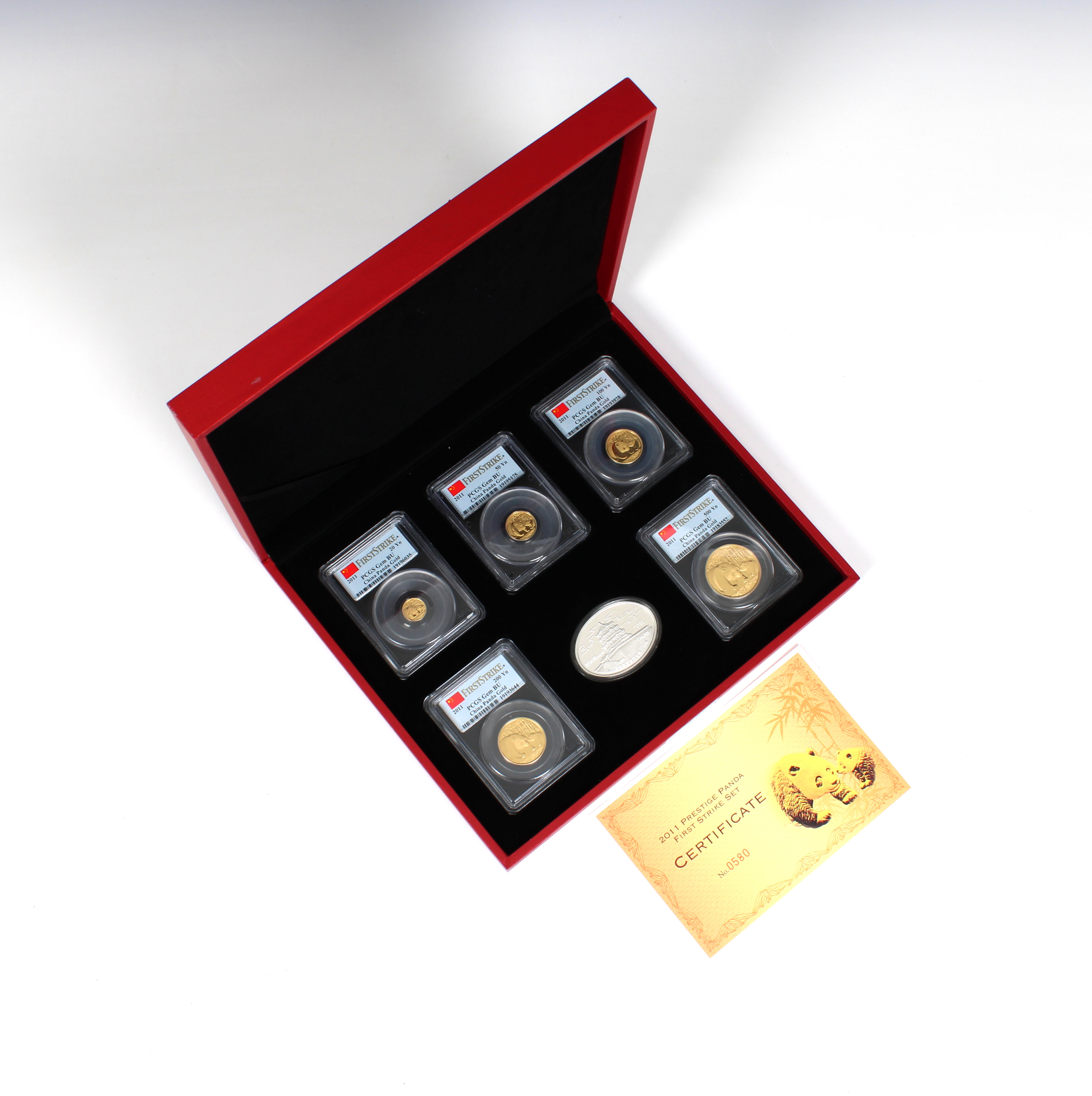 A People's Republic of China Five-piece gold First Strike Prestige Panda Set 2011, 20, 50, 100, 200,