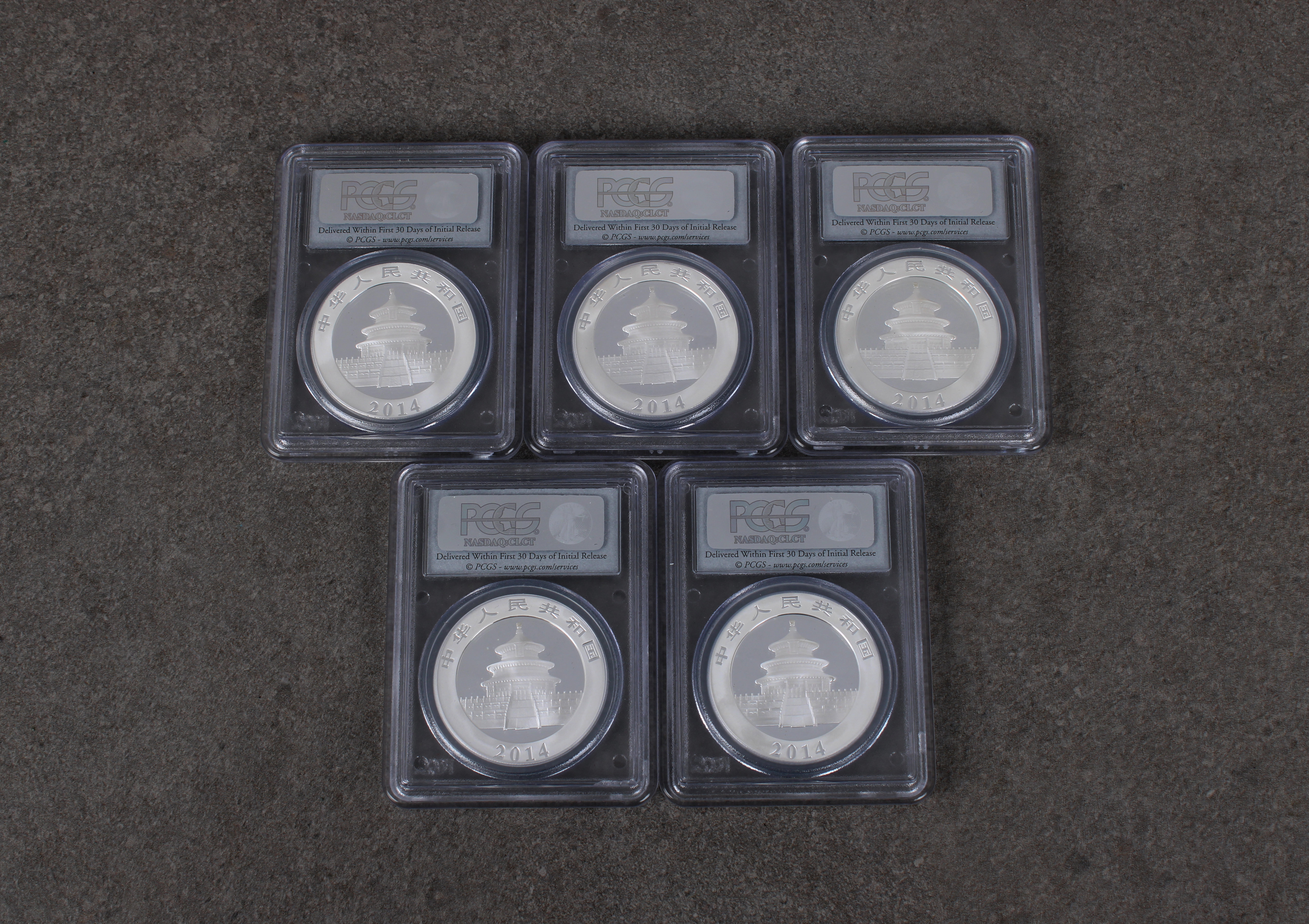 China 5 x 1oz fine silver .999 2014 Panda Ten Yuan coins PSGS graded - Image 2 of 2