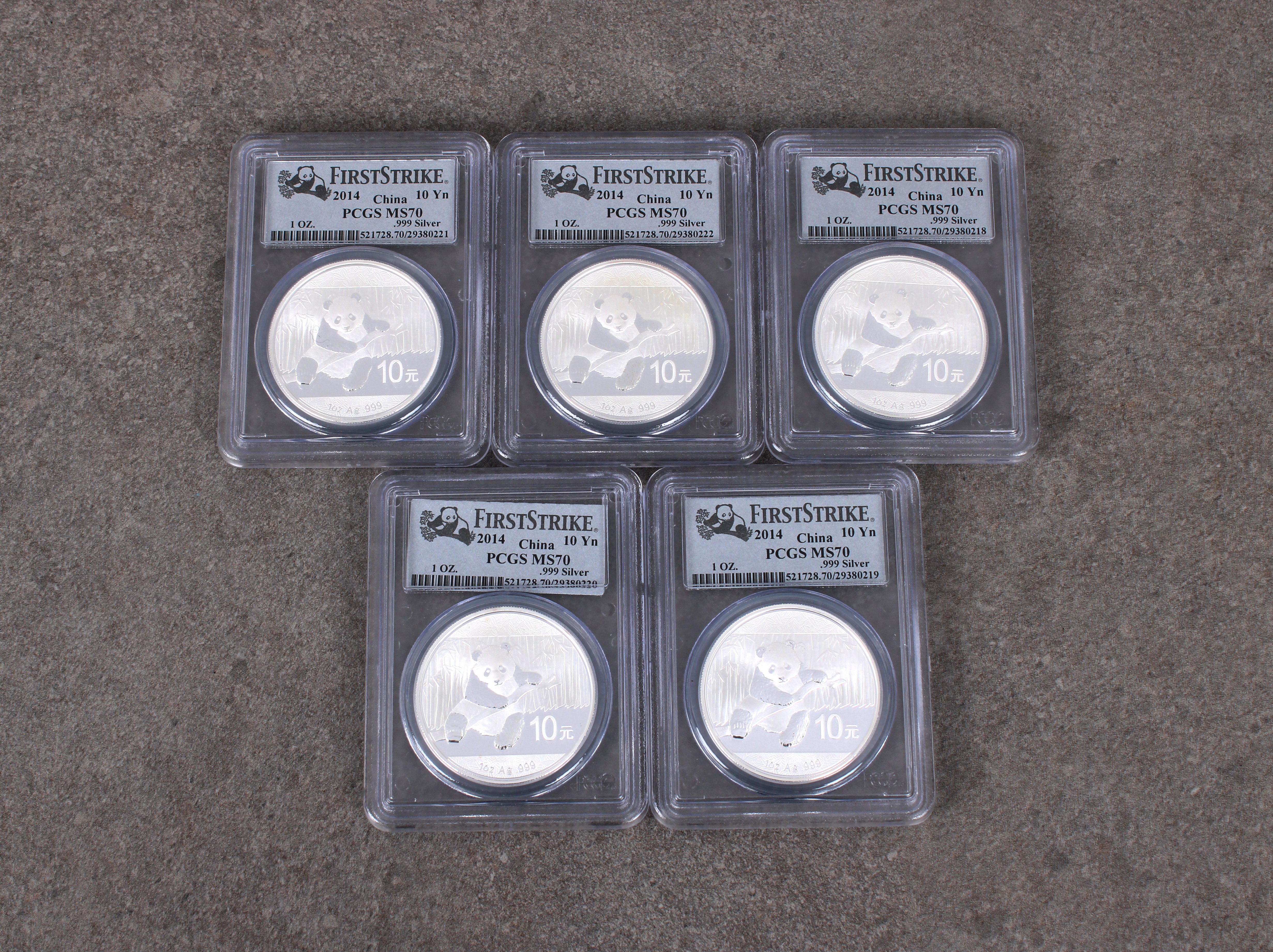 China 5 x 1oz fine silver .999 2014 Panda Ten Yuan coins PSGS graded