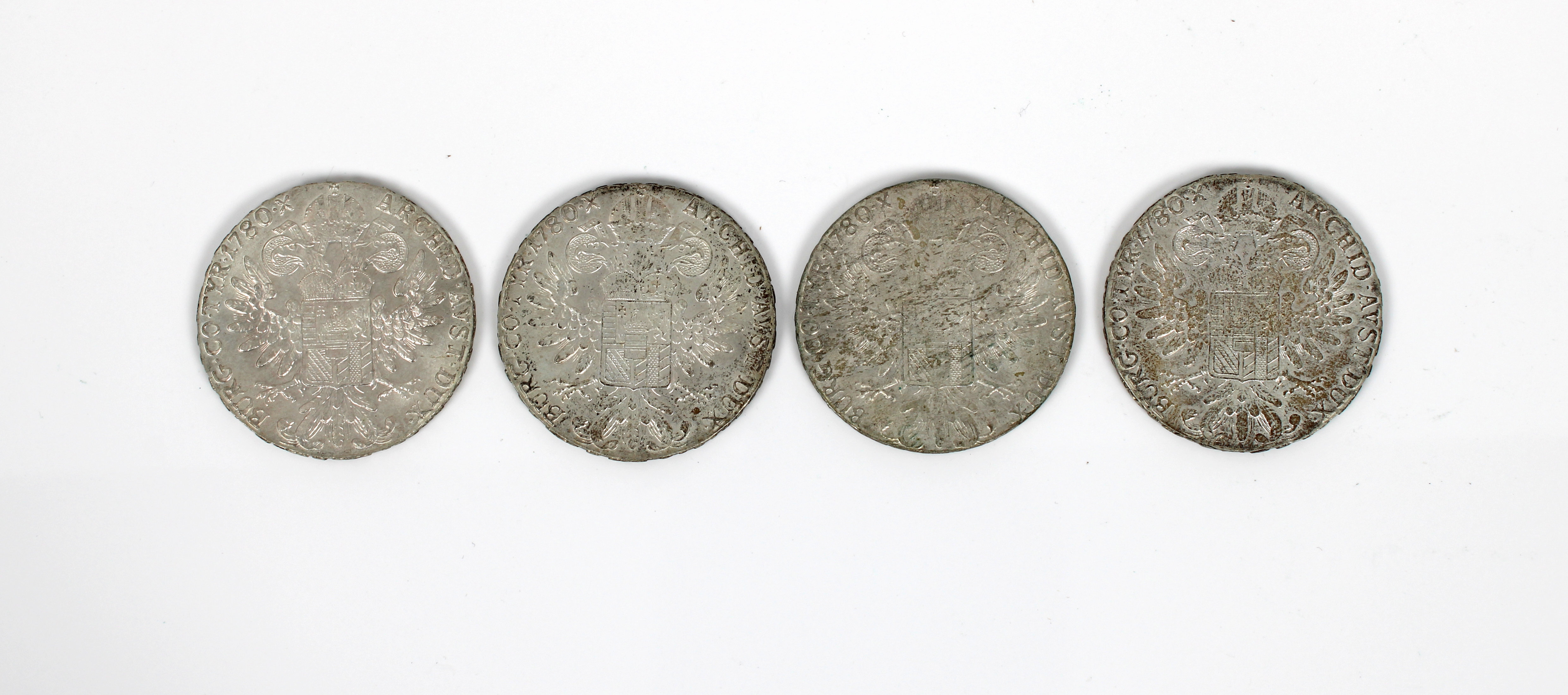 Four Austrian Empire 1 Thaler - Maria Theresia Posthumous 1780 silver (.833) coins. (4)