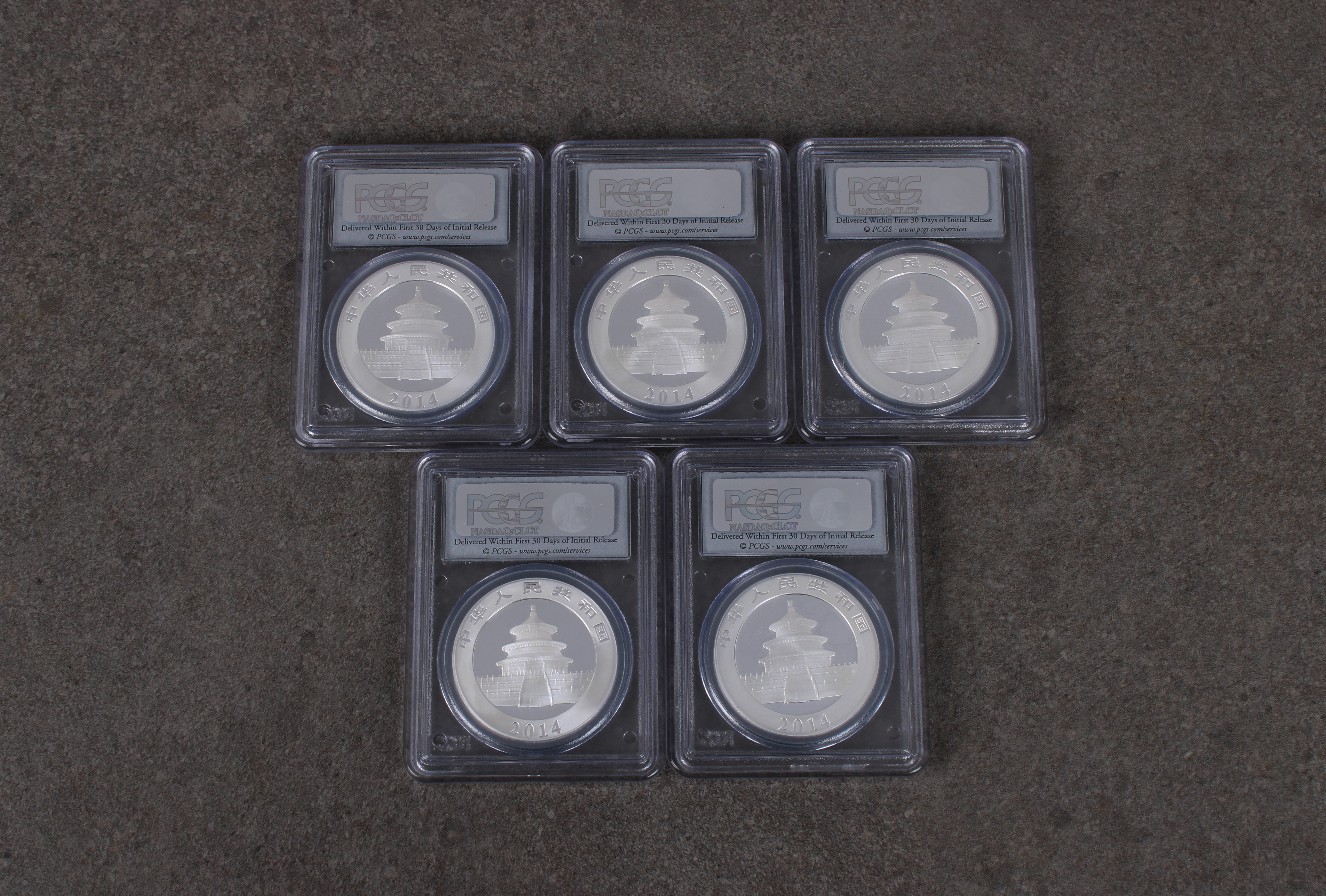 China 5 x 1oz fine silver .999 2014 Panda Ten Yuan coins PSGS graded - Image 2 of 2