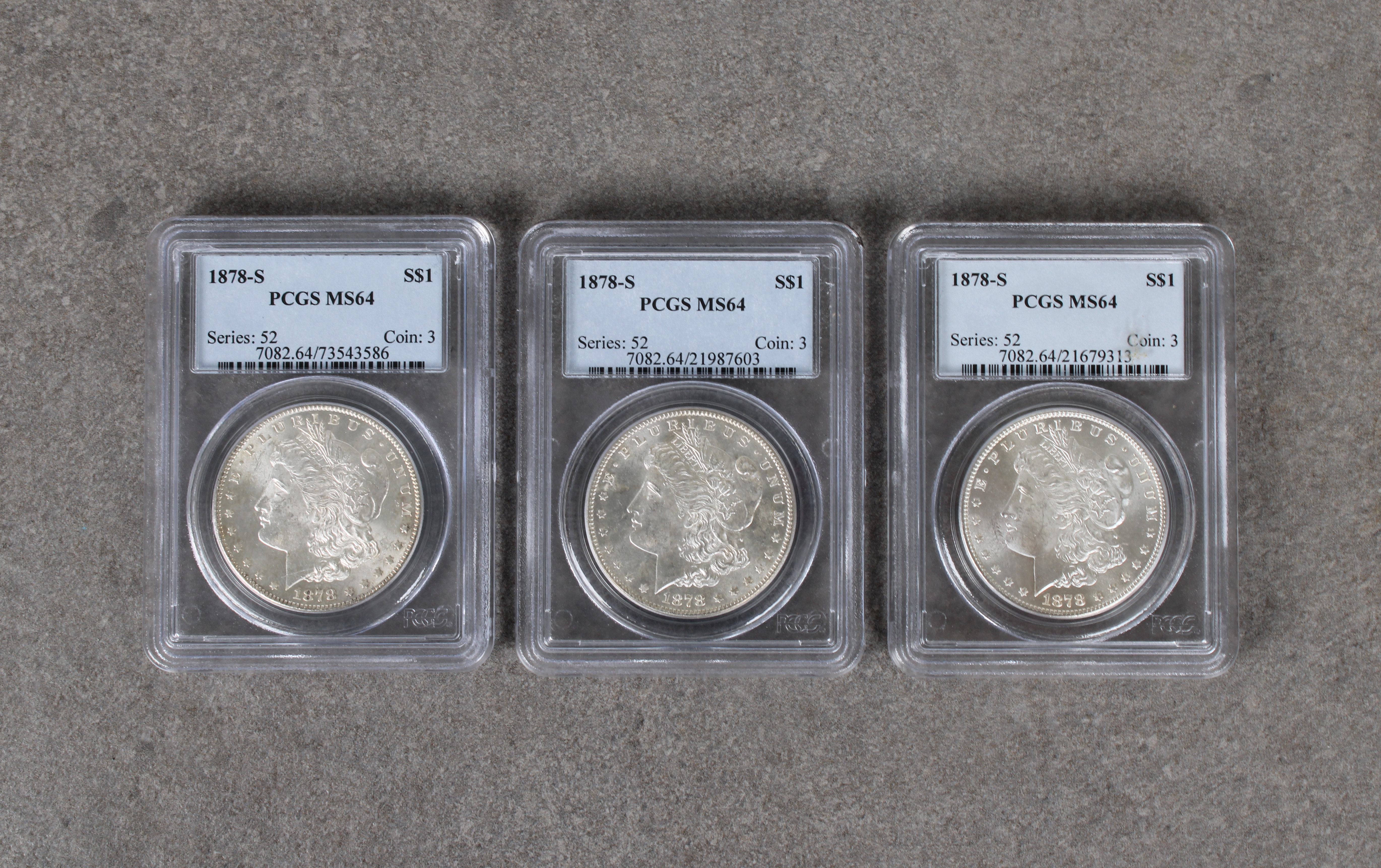 Three x 1878-S Morgan Dollar series: 52 coin: 3 - PCGS graded