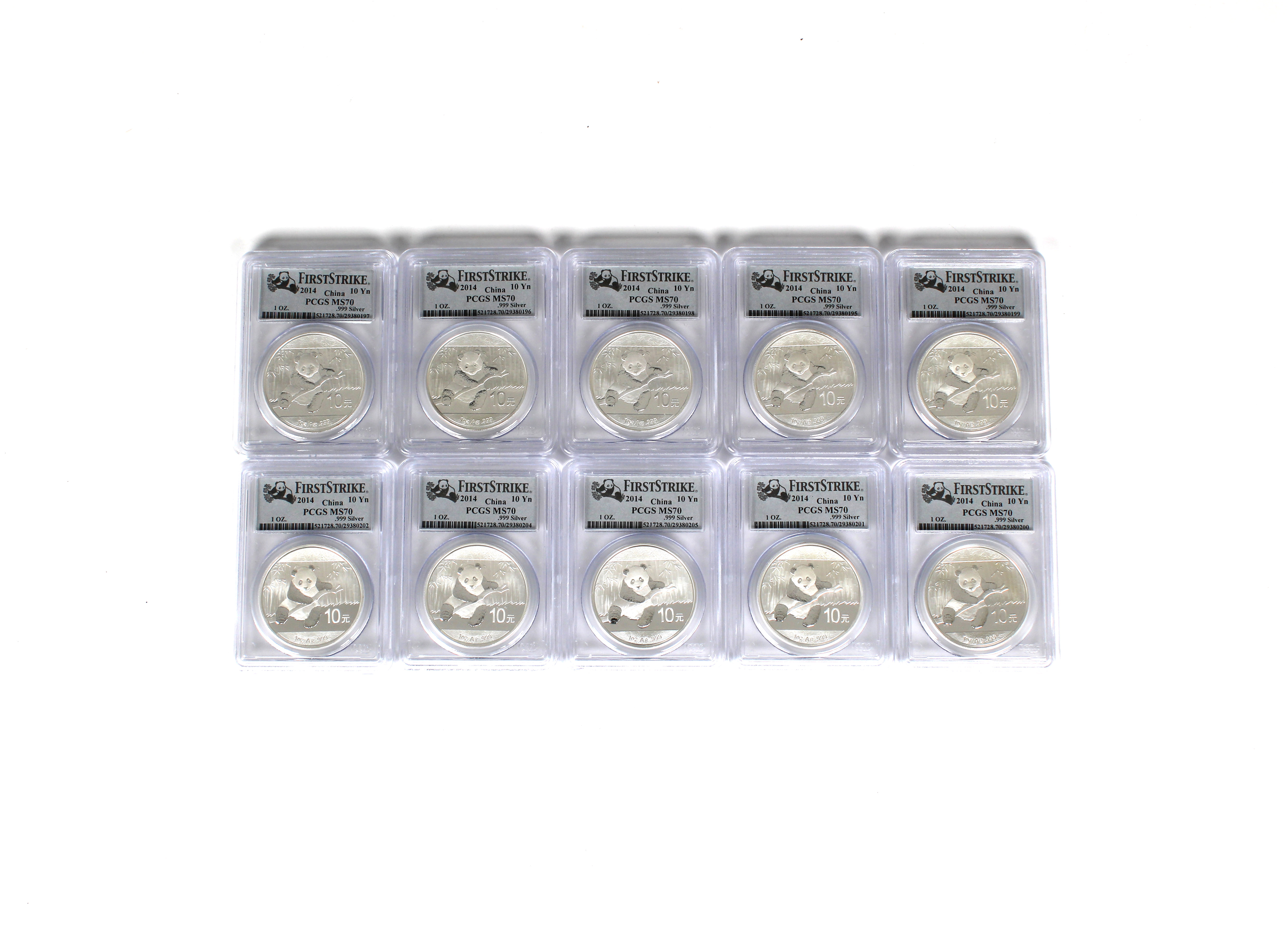 China 10 x 1oz fine silver .999 2014 Panda Ten Yuan coins PSGS graded