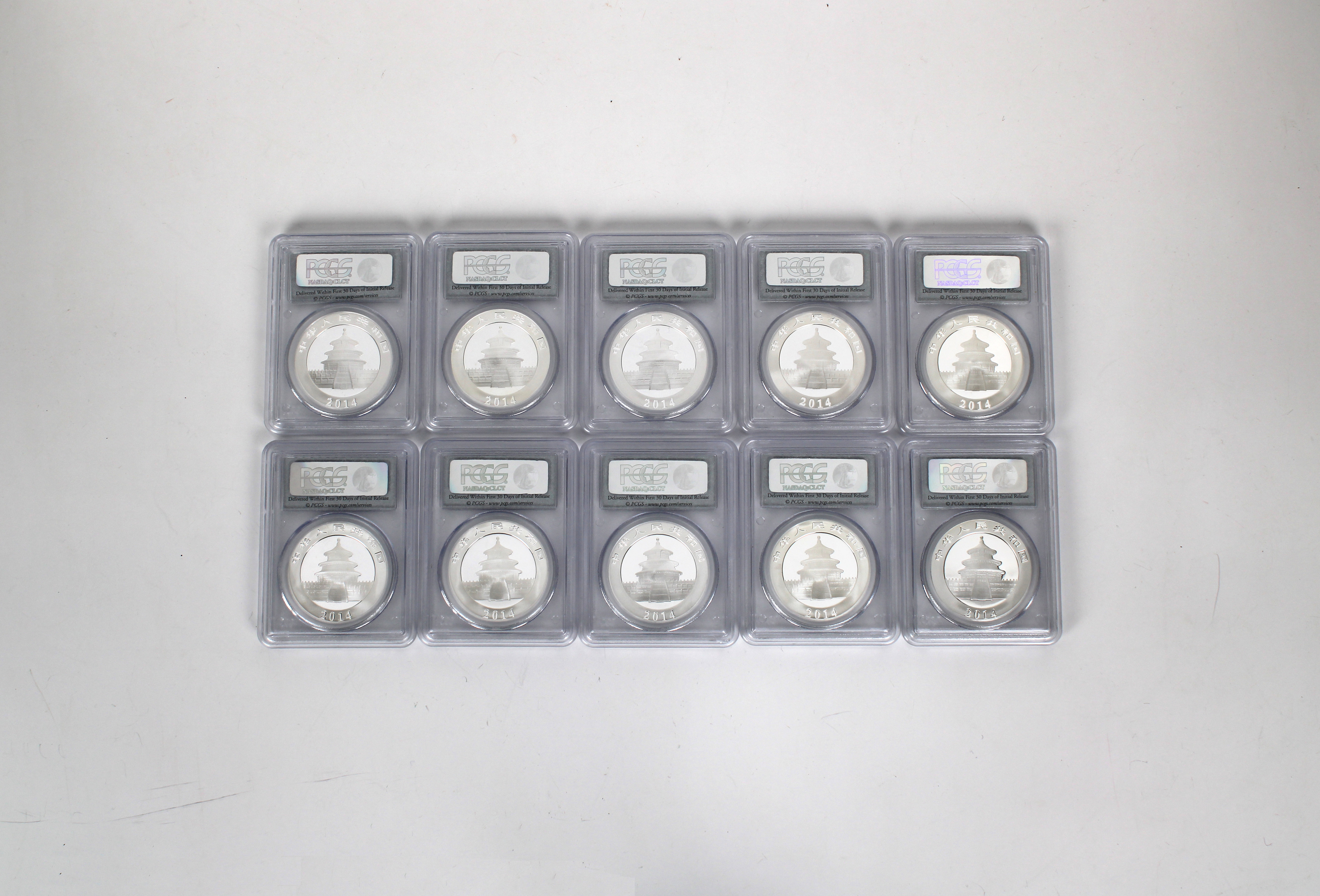China 10 x 1oz fine silver .999 2014 Panda Ten Yuan coins PSGS graded - Image 2 of 2
