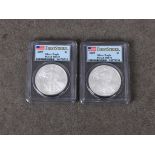 Two x 2009 Silver Eagle (first strike) $1 coins