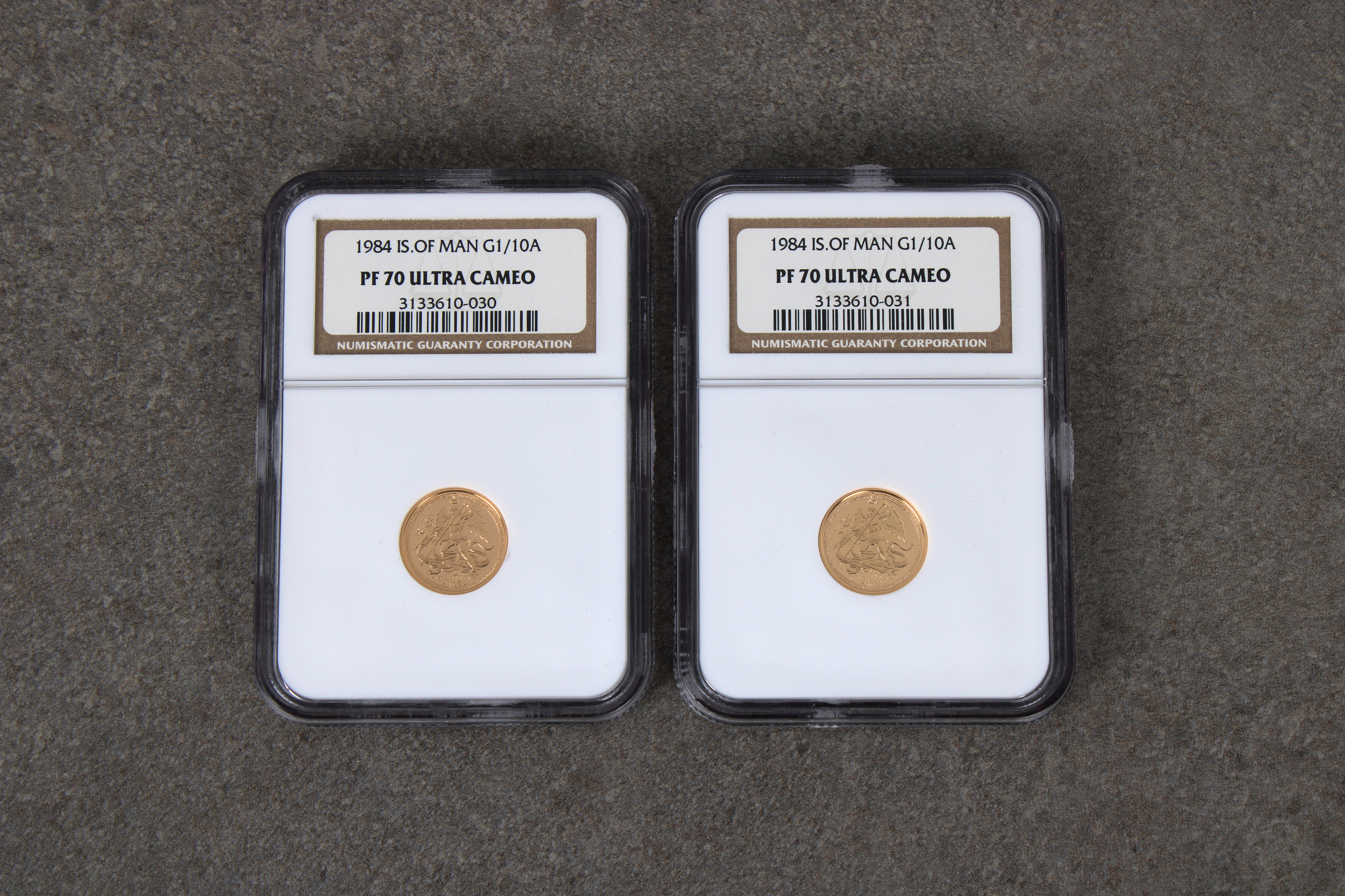 Two x 1984 Isle of Man Gold Tenth Oz (1/10) Angel coin - NGC graded