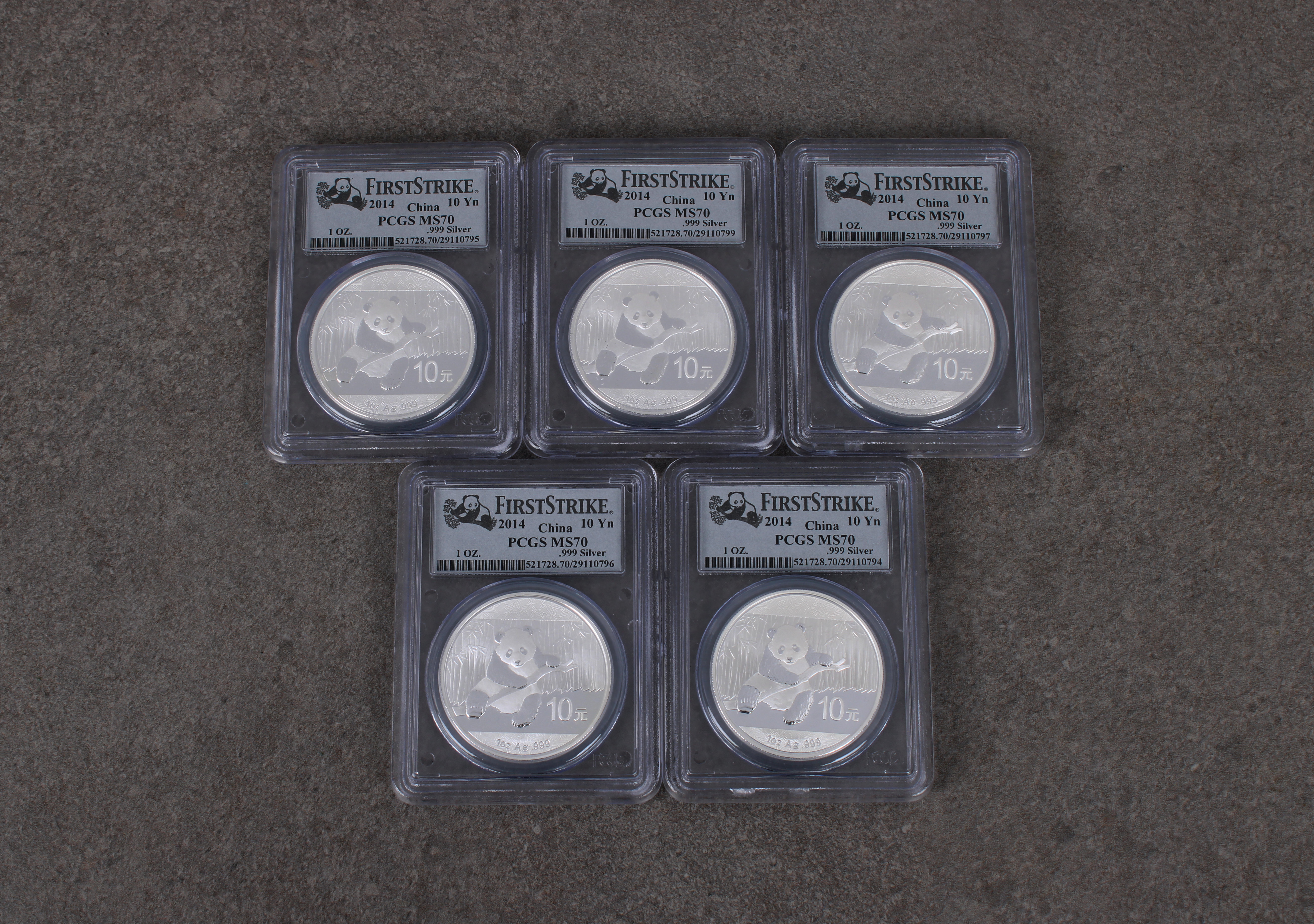 China 5 x 1oz fine silver .999 2014 Panda Ten Yuan coins PSGS graded
