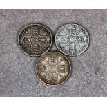 Three silver Victorian 1890 'Jubilee head' two (double) Florin coins. (3)