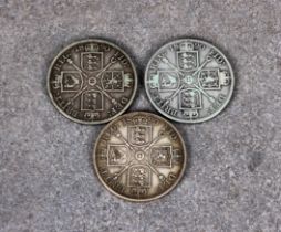 Three silver Victorian 1890 'Jubilee head' two (double) Florin coins. (3)