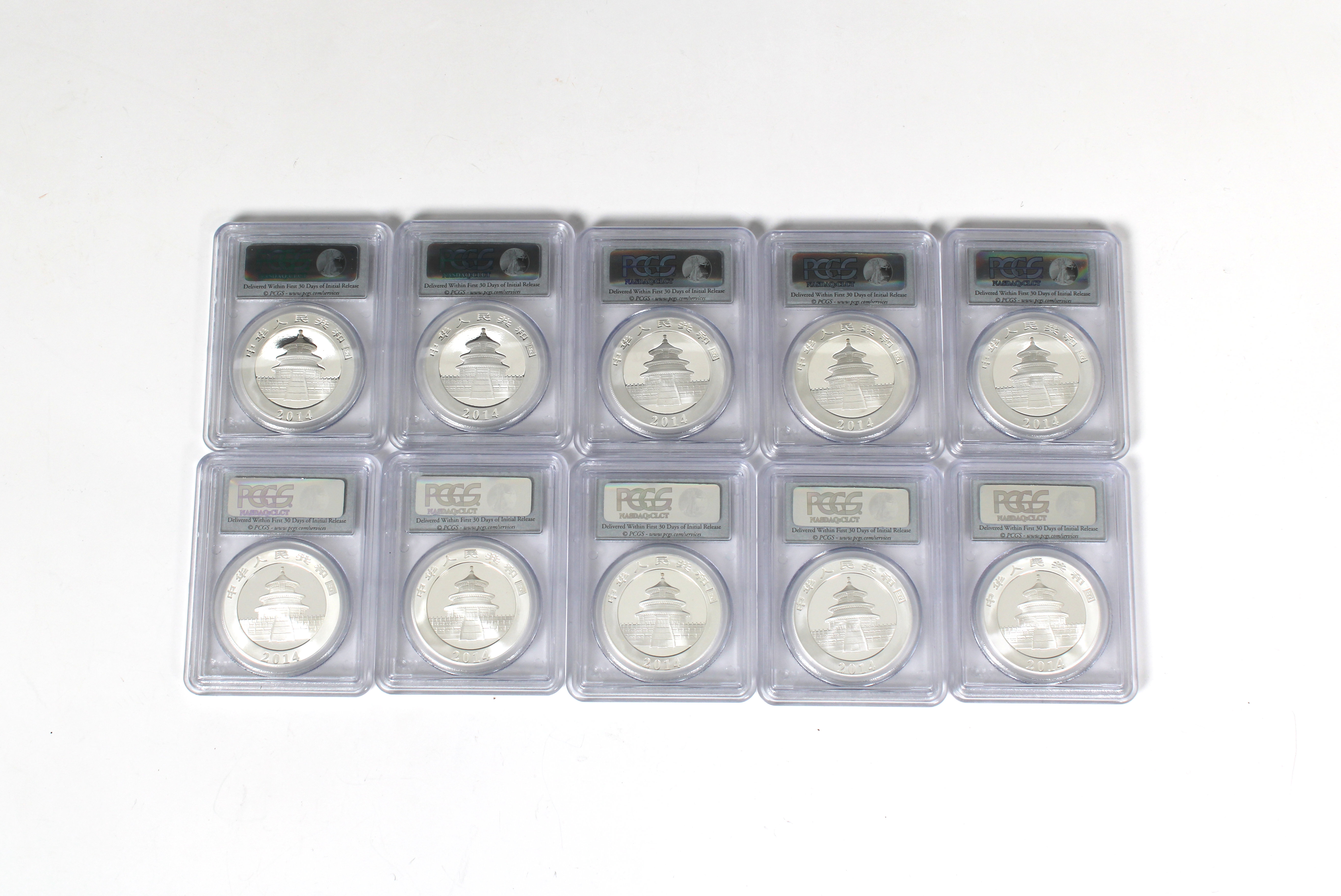 China 10 x 1oz fine silver .999 2014 Panda Ten Yuan coins PSGS graded - Image 2 of 2