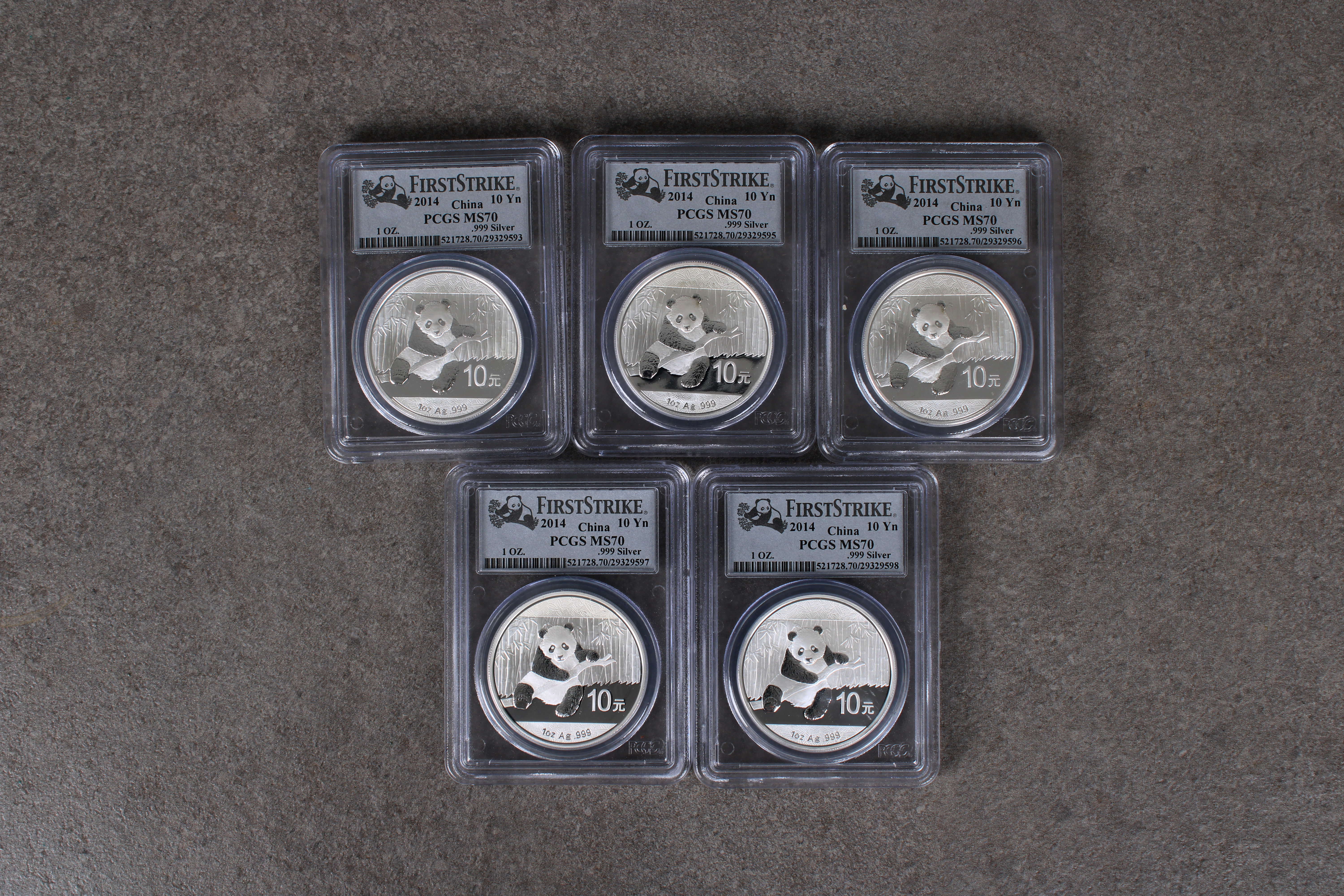 China 5 x 1oz fine silver .999 2014 Panda Ten Yuan coins PSGS graded