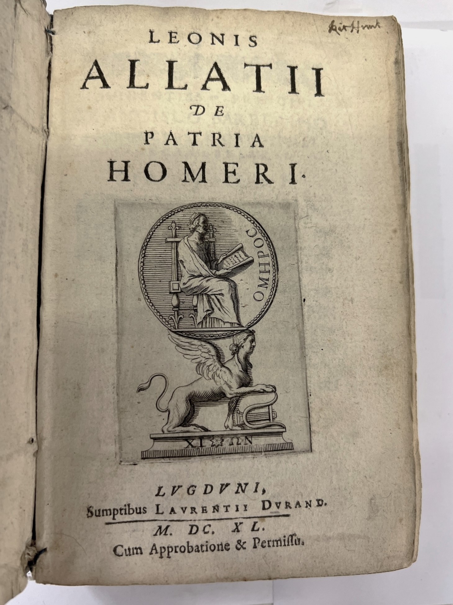 Leonis Allatii de patria Homerei, published in 1640, sumptibus Laurentii Durand, Latin and Greek