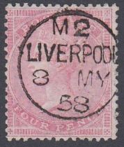 STAMPS : GREAT BRITAIN 1857 4d Rose Large Garter, fine used Liverpool CDS SG 66a