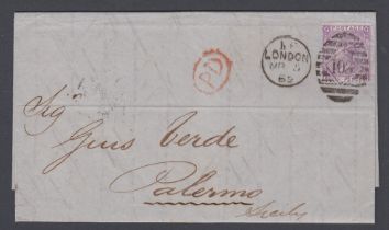 STAMPS : GREAT BRITAIN : 1869 wrapper from London to Palermo with 6d lilac plate 6