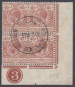 STAMPS 1931 4 1/2 Red Brown corner marginal corner plate block of four used SG 45a