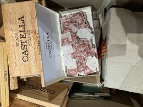 STAMPS : Mixed box of mainly loose stamps in old cigar packs et c including unchecked QV Penny Reds
