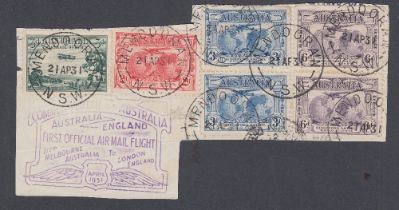 STAMPS AUSTRALIA AIRs, large piece with 1929 3d issue and 1931 Kingsford Smith's