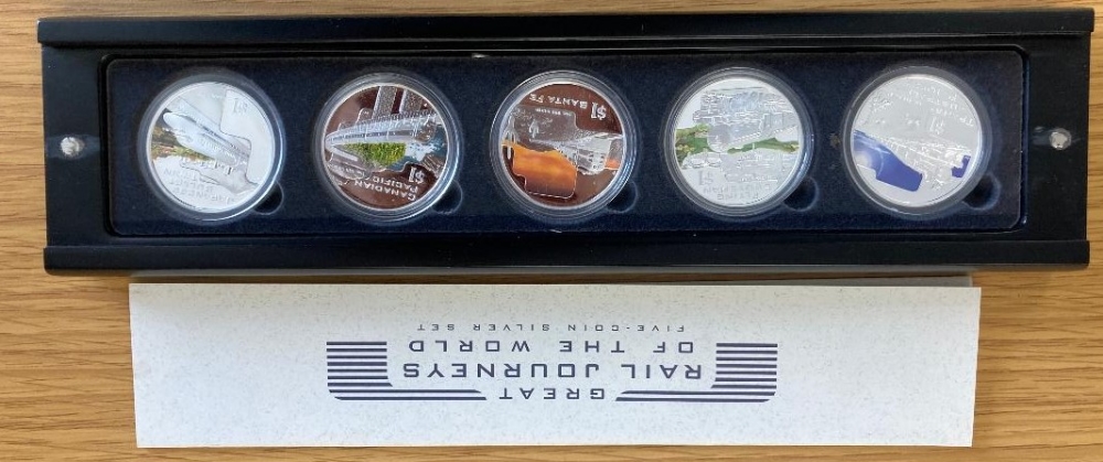2004 Great Rail Journeys Five Silver 1oz coins from Cook Islands in special display case - Image 2 of 3