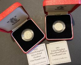 1993 and 1994 Silver Proof £1 coins PIEDFORT