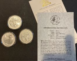 Three Silver Britannia's 1oz each 1999, 2004, 2008
