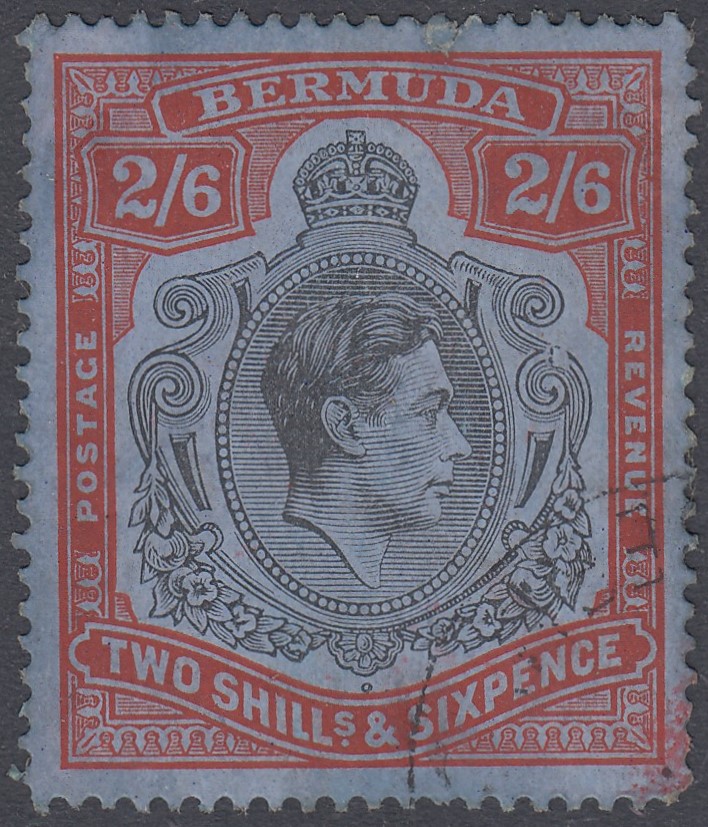 STAMPS BERMUDA : 1938 2/6 Black and Red/Grey-Blue, used " Broken Scroll"