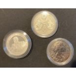 Three Silver Proof £5 coins, minor blemishes notes