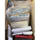 Large box with hundreds of old album pages , covers and stockbooks etc