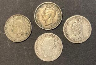 Four silver 3d pieces mixed condition QV - GVI