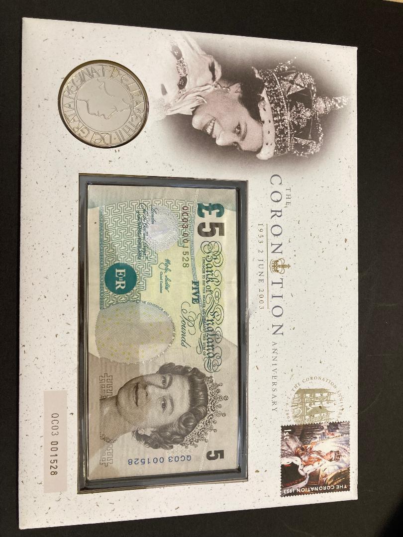2003 Queen Coronation £5 bank note and coin cover