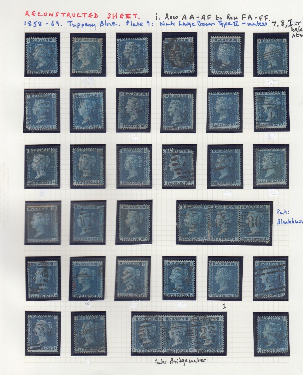 1858 Two Penny Blue collection of mainly plate 9 AA -TL