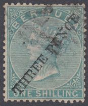 1874 3d on 1/- Green good used example SG 14 Cat £650