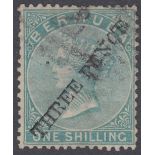 1874 3d on 1/- Green good used example SG 14 Cat £650