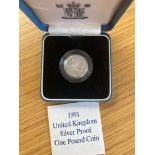 1991 Silver Proof £1 coin in display box with cert