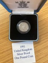1991 Silver Proof £1 coin in display box with cert
