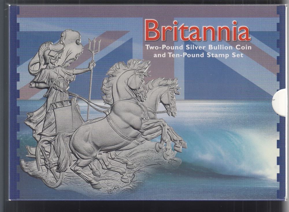 1999 UK Britannia 1oz Silver £2 coin with £10 stamp - Image 2 of 2