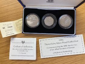 1994 Three coin Silver Proof set commemorating the 50th Anniversary of WWII Allied
