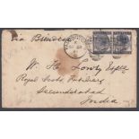 1881 5d Indigo pair on cover to INDIA , tatty cover but scarce on cover SG 169