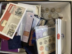Large box with many Crowns, GB coins, some Silver noted, some gold plated, plus sets