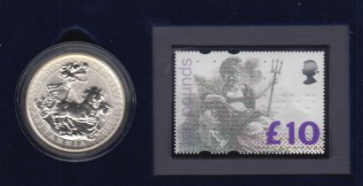 1999 UK Britannia 1oz Silver £2 coin with £10 stamp