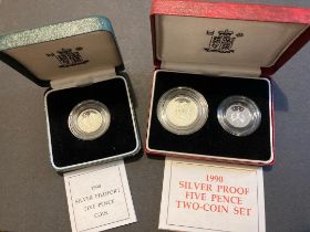 1990 Silver 5p Proof sets basic and PIEDFORT