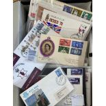 Box file with First Day Covers, better spotted like 1953 Coronation, special handstamps etc