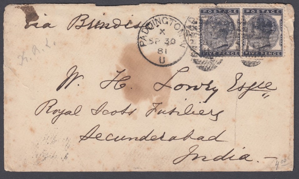 1881 5d Indigo pair on cover to INDIA , tatty cover but scarce on cover SG 169